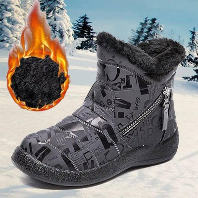 Letter Print Boots Winter Warm Plush Snow Boot Women Shoes-Grey-12