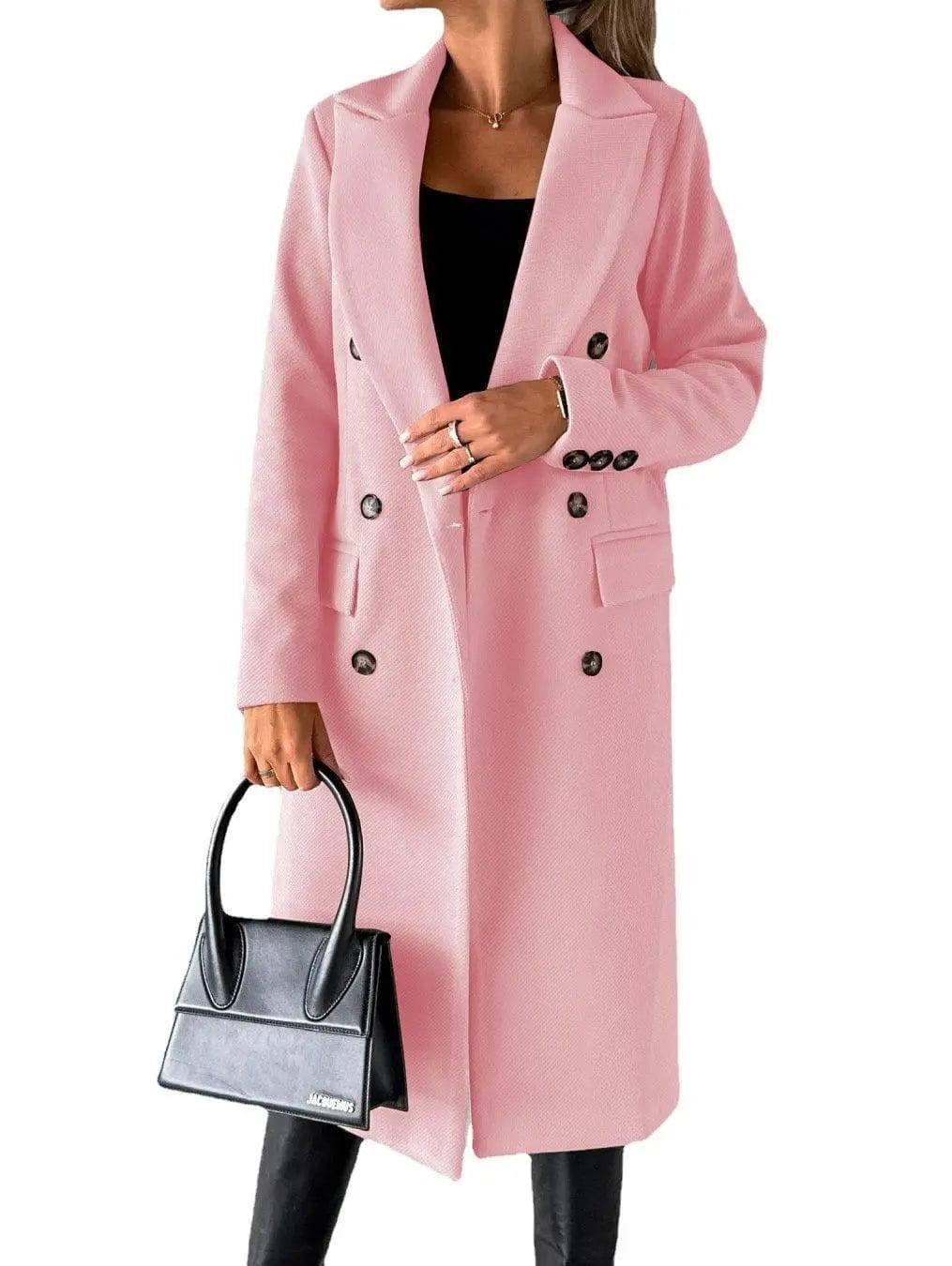 Long Sleeve Lapel Solid Double Breasted Slim Coat Coat-13