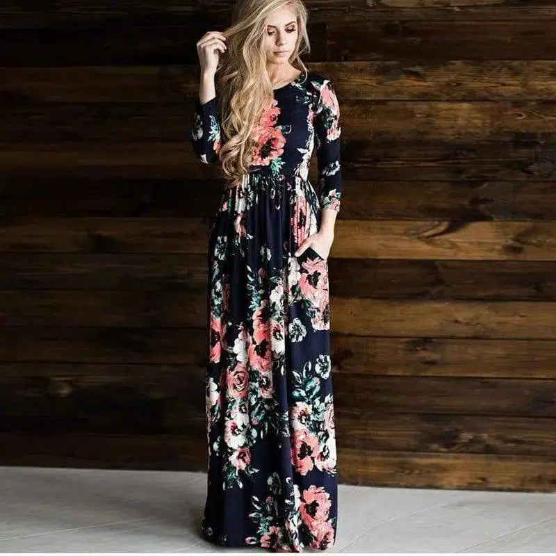 Long Sleeve Printed Floral Dress-Darkblue-5