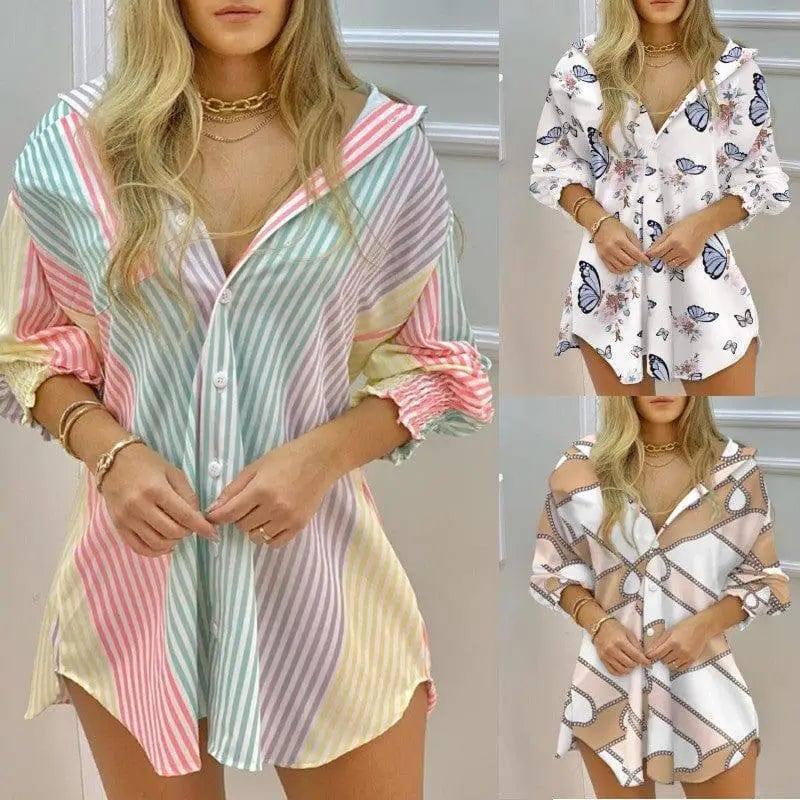 Long Sleeve Swept V Neck Button-Up Striped Shirt Dress-1