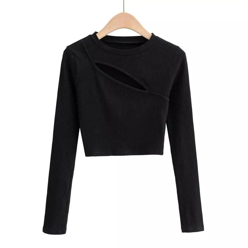 Cropped Knit Sweaters with Long Sleeves-Black-2