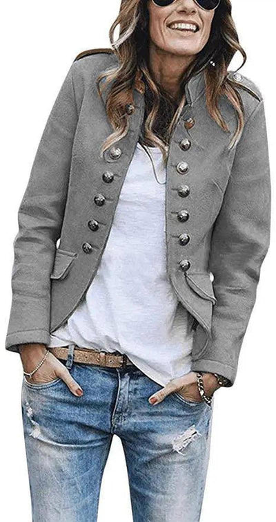 Double-Breasted Women's Casual Jacket-Grey-3