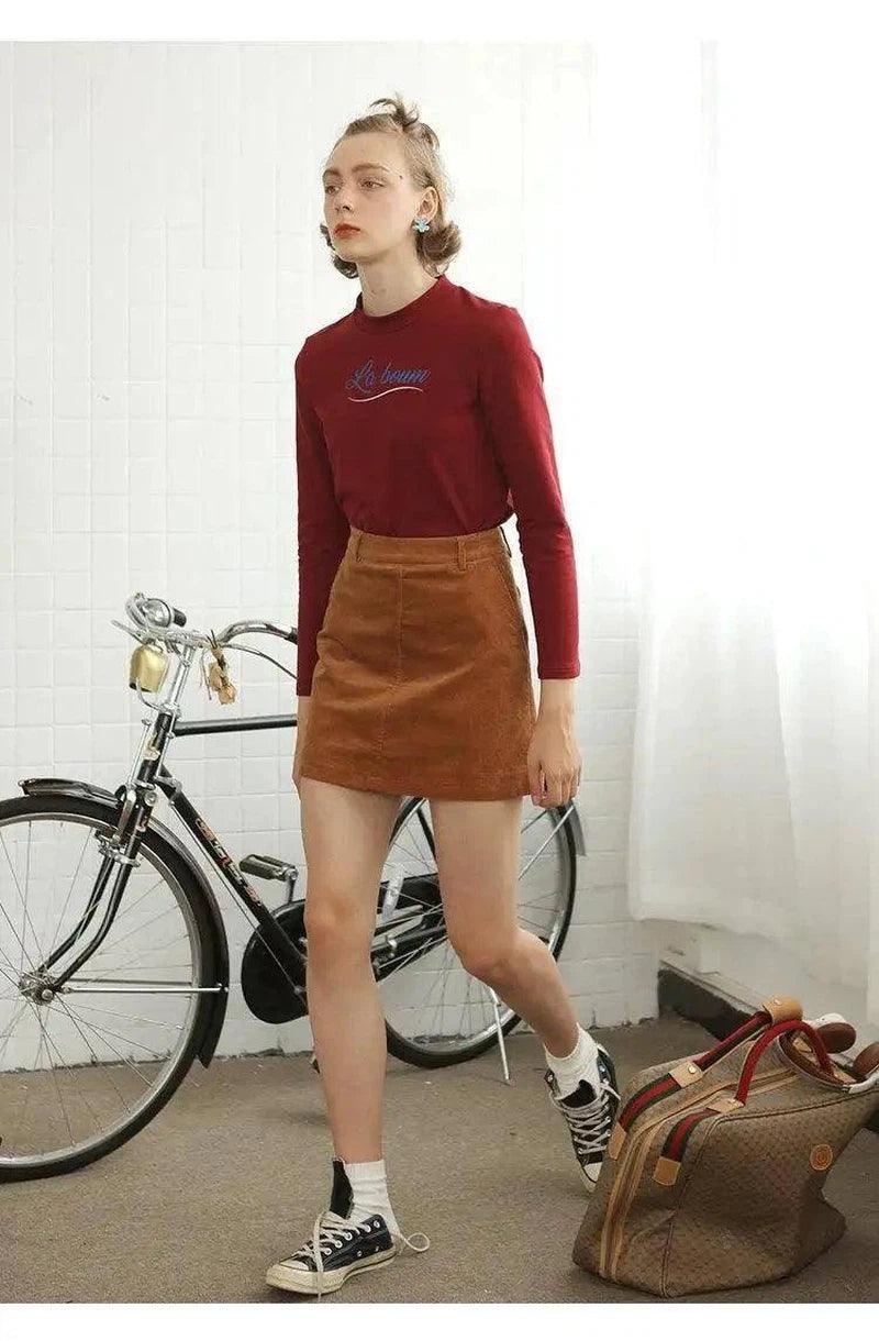 Women's Casual Skirt and Long-Sleeve Top Set-Red-2