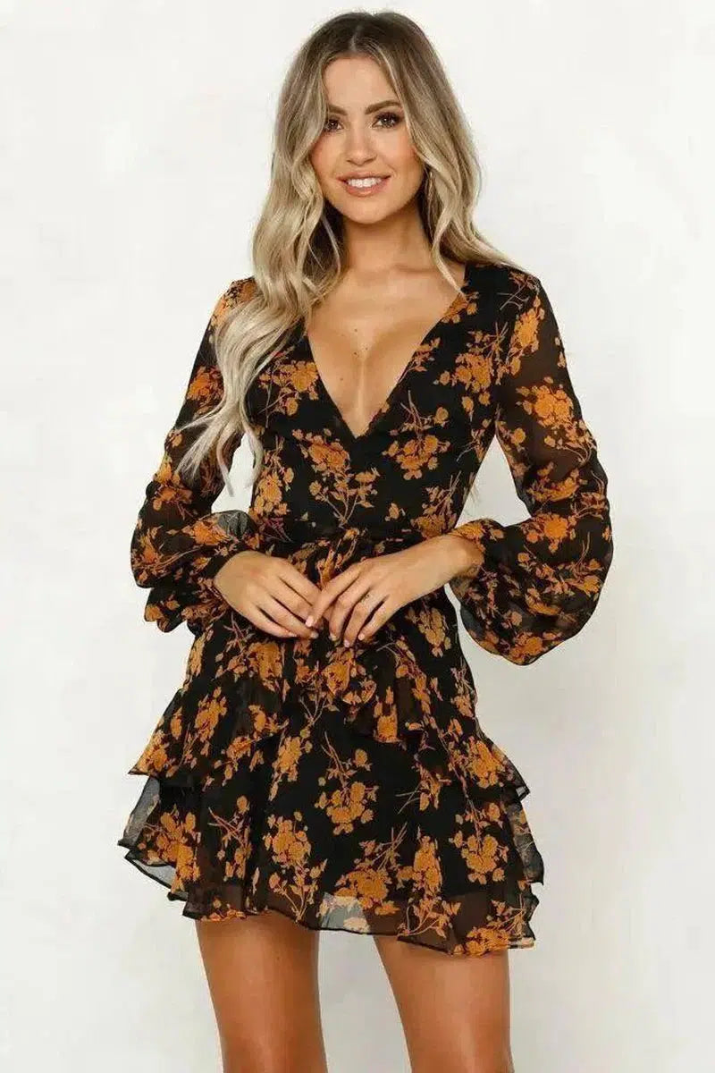 Autumn new fashion flower print long sleeve dress-Yellow-15