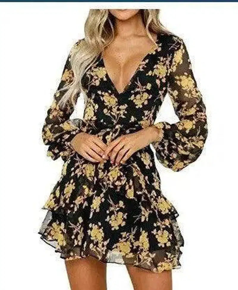 Autumn new fashion flower print long sleeve dress-6