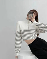 Striped Sleeve Turtleneck Sweater-White-2