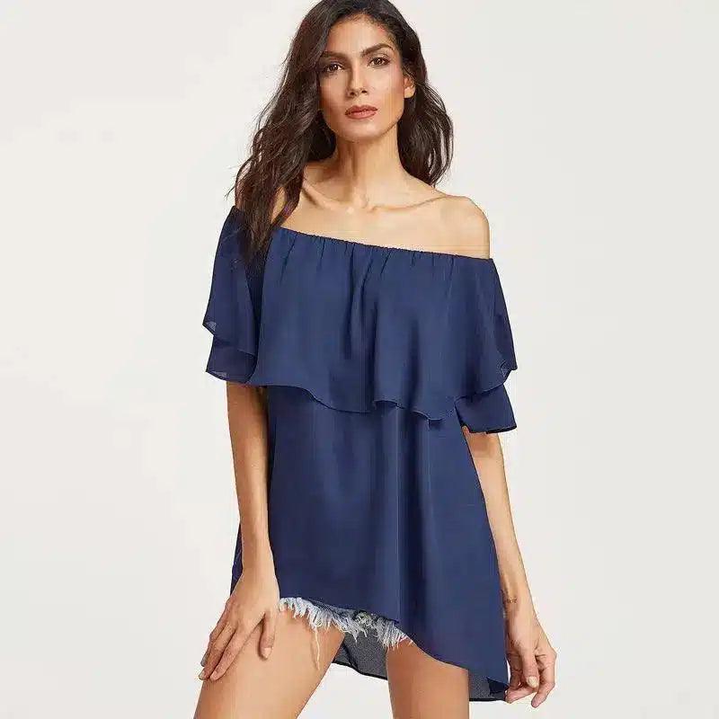 LOVEMI - Lovemi - Blue ruffled shoulder loose chiffon shirt