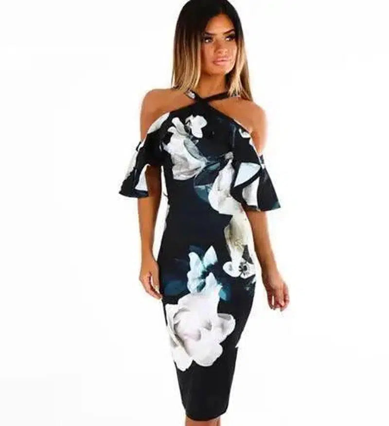 Bodycon Dress Halter Off Shoulder Robe Elegant Summer-Darkblue-12