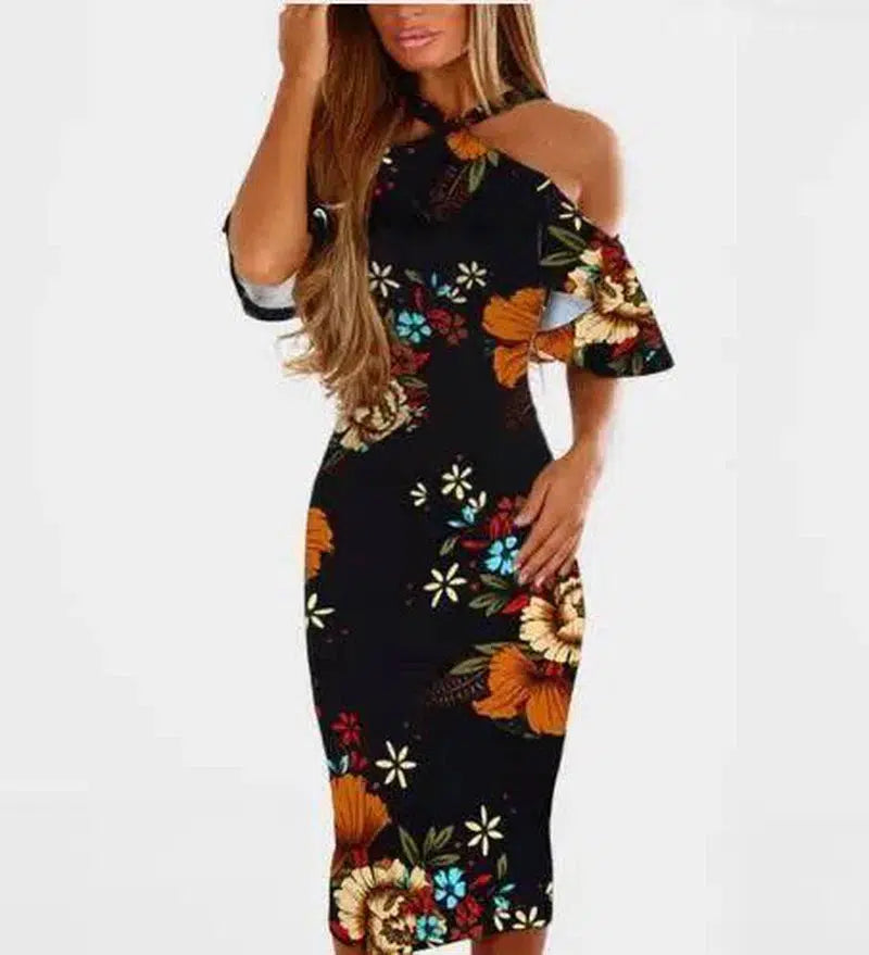 Bodycon Dress Halter Off Shoulder Robe Elegant Summer-Black-13