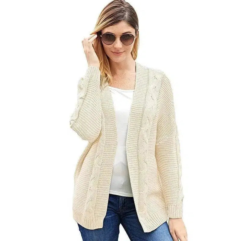 Cardigan Bat Long Sleeve Ribbed Knit Plus Size Cardigan-White-1