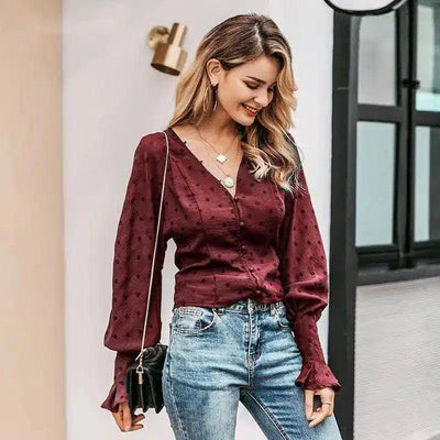 Women's Polka Dot V-Neck Blouse with Ruffle Sleeves-Red wine-2