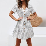 Casual polka-dot high-rise strap V-neck chiffon ladies dress-White-21