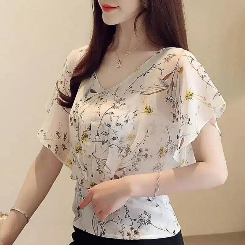 Floral Chiffon Blouse with Flutter Sleeves-White-2