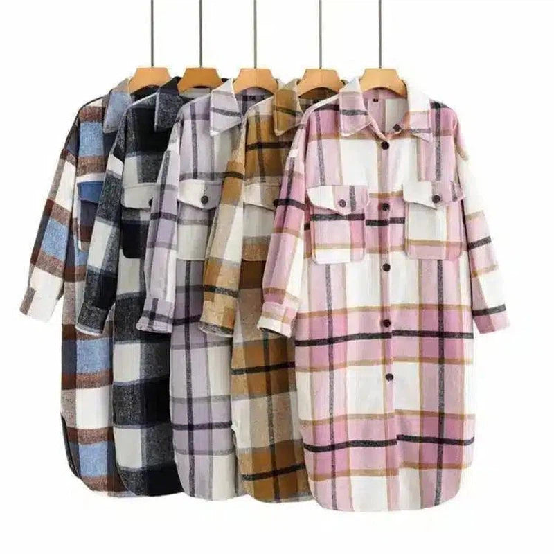 Contrasting Plaid Casual Fashion Simple Long Woolen Coat-1