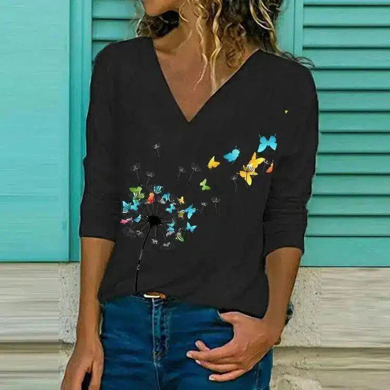 Women's Floral V-Neck Long Sleeve Tee-Black-2