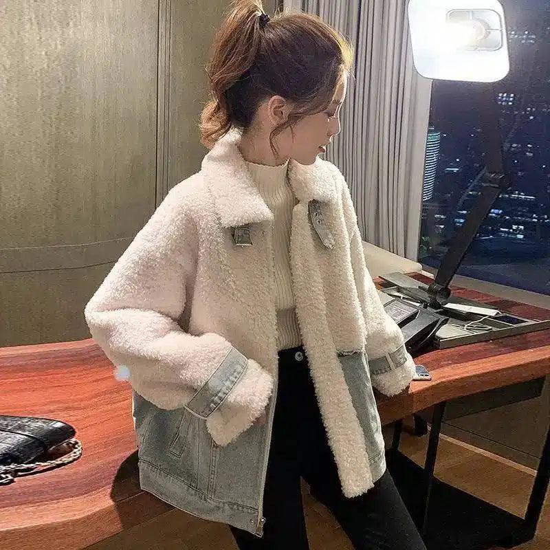 LOVEMI - Lovemi - Denim Lapel Lamb Wool Splicing Coat For Women