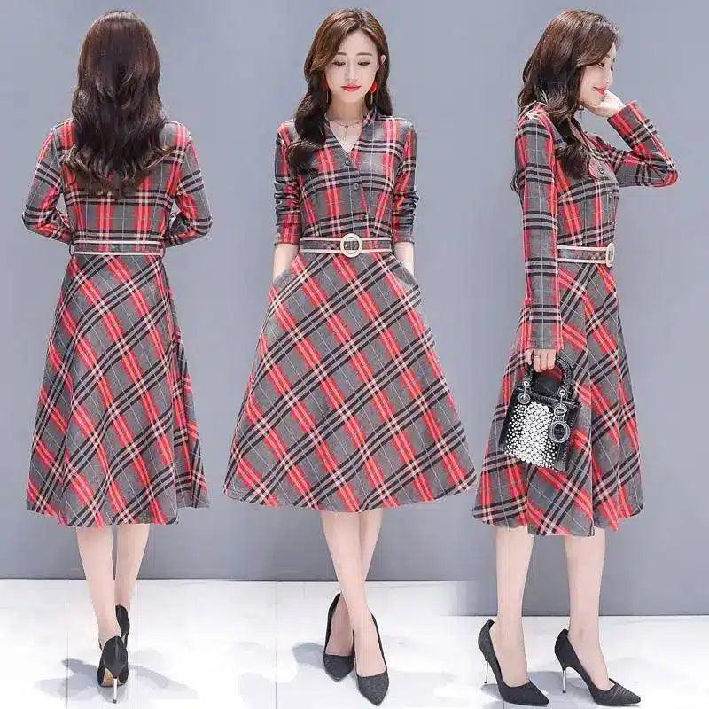 LOVEMI - Lovemi - Dresses Fall Chequered Long Sleeves Show Slim,