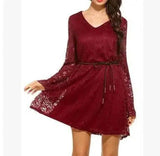 Elegant lace dress summer V-neck large size dress-Claret-24