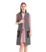 Embroidered pocket vest female long knit cardigan-Gray-1