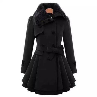 European Beauty Slim Mid-length Coat Double-Breasted Thick-black-5