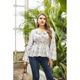 Floral Peplum Top Long Sleeve Women's-Blue-1