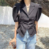 Women's Short Sleeve Blazer Top with Cinched Waist-1