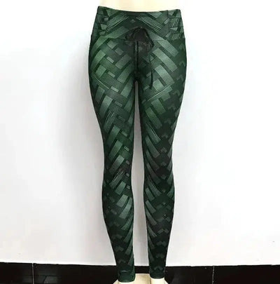 High Waist Iron Weave Print Push Up Yoga Workout Leggings-Green-2