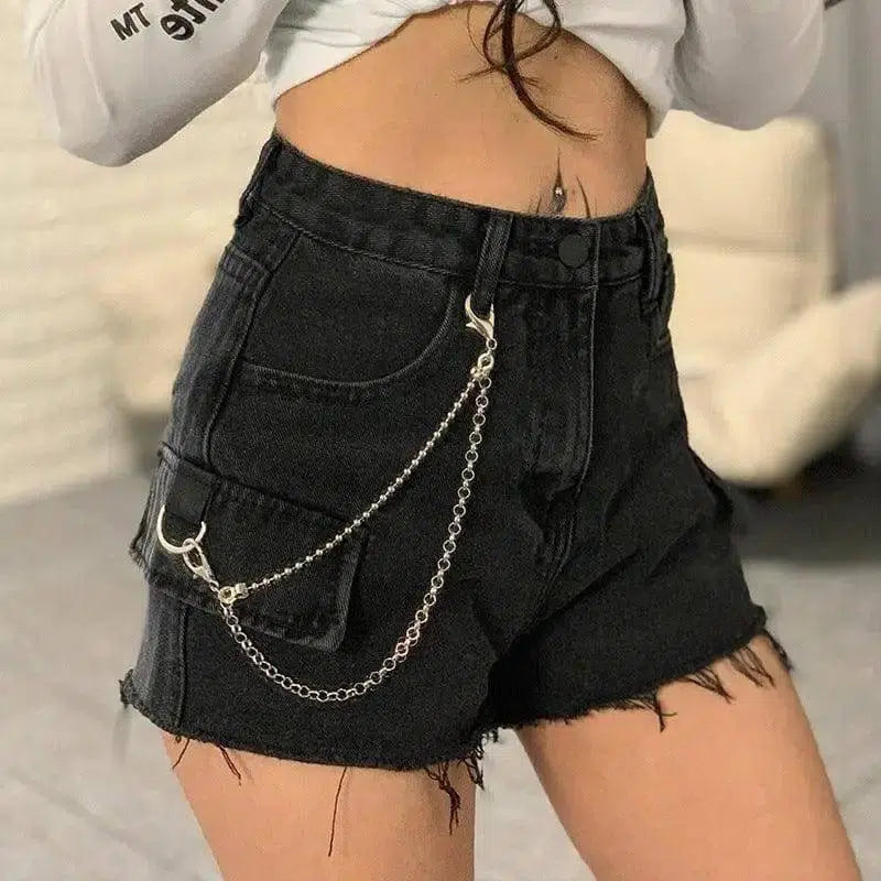 High-waisted jeans chain wide-leg raw shorts-3