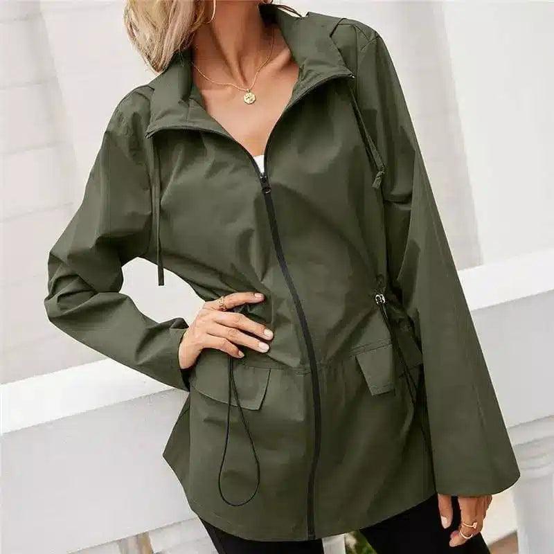 Women's Hooded Drawstring Waist Jacket-Army Green-3