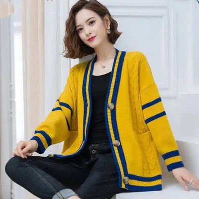 Women's Knit Cardigan with Striped Trim-Yellow-1