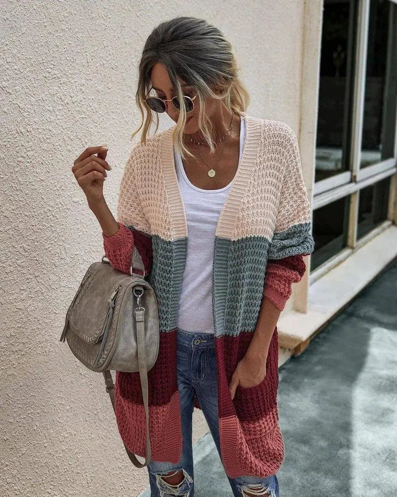 Women's Knit Cardigan with Pockets-Bordeaux red-5