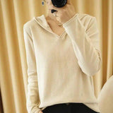 LOVEMI - Lovemi - Knitwear Solid Color V-neck Long-sleeved Hoodie