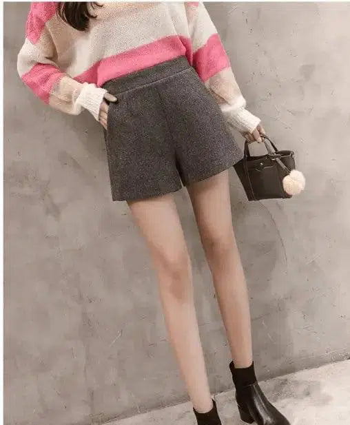 LOVEMI - Lovemi - Korean version of high waist woolen shorts autumn