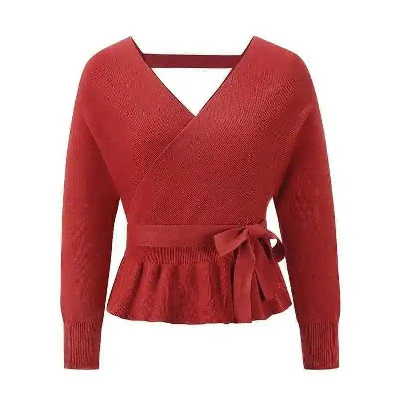 Women's Wrap Front Tie Waist Knit Sweater-Red-2