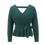 Women's Wrap Front Tie Waist Knit Sweater-Green-6