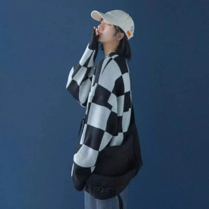 Oversized Checkered Sweater with Long Sleeves-Black-2