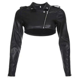 Faux Leather Zippered Cropped Jacket-Black-1