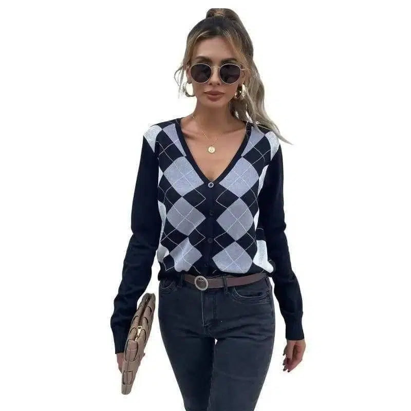 LOVEMI - Lovemi - Long Sleeve Check V-Neck Cardigan Knitted Sweater