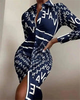 Long-sleeved Waist Printed Shirt Dress-Blue letters-5