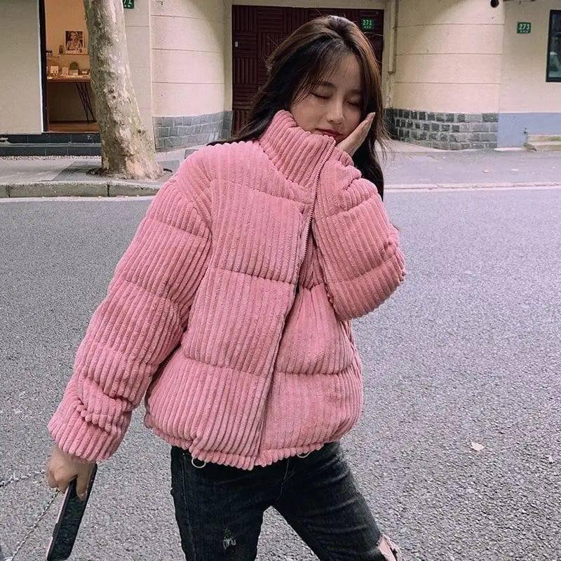 Loose corduroy padded jacket-Pink-1
