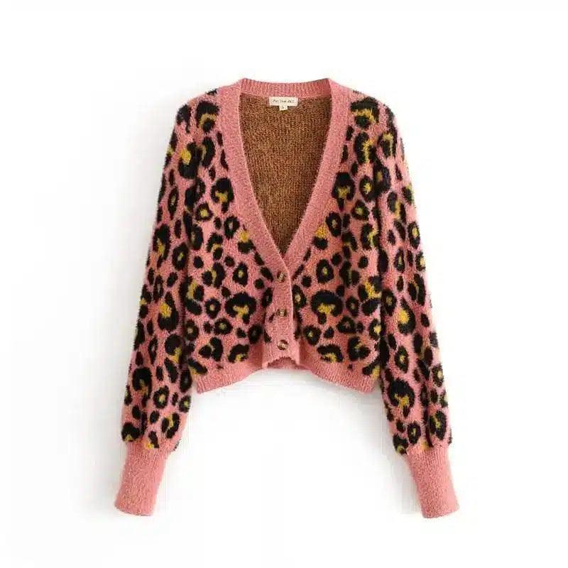 Women's Leopard Print Cardigan Sweater-Pink-1