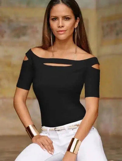 Chic Cut-Out Shoulder Women's Top-Black-1