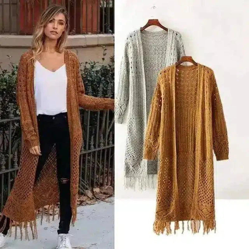 Long Knit Cardigan with Fringe Detail-1