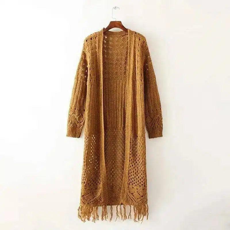 Long Knit Cardigan with Fringe Detail-Brown-3