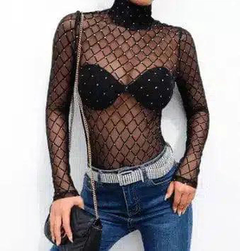 Women's Mesh Bodysuit Long Sleeve Top-Black1-3