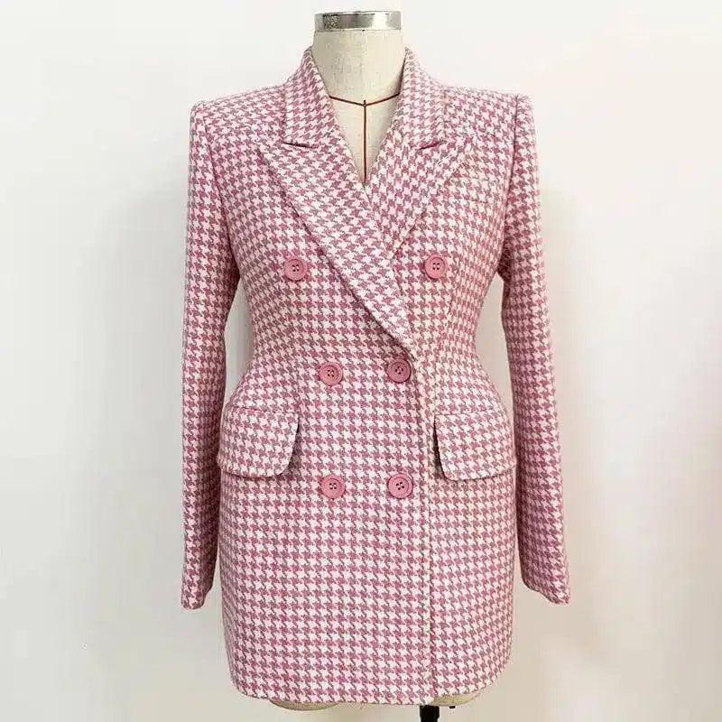 Pink Houndstooth Wool Coat Retro Double-breasted-Pink-1