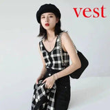 LOVEMI - Lovemi - Retro V-neck Check Color Vest Knitted Cardigan Ice