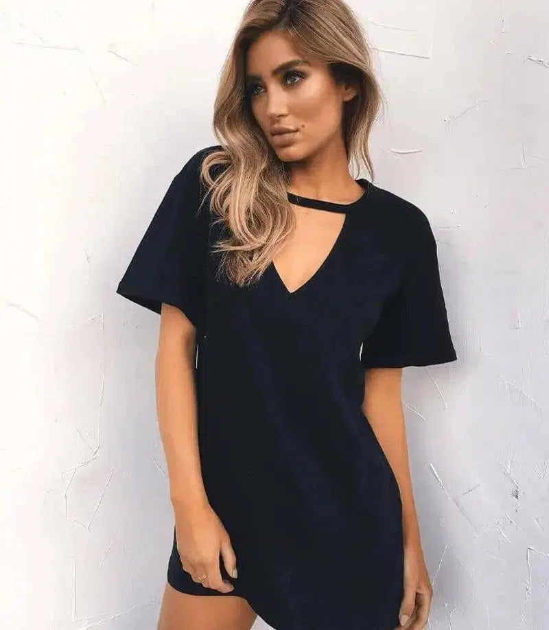 deep V short-sleeved T-shirt loose casual dress-14