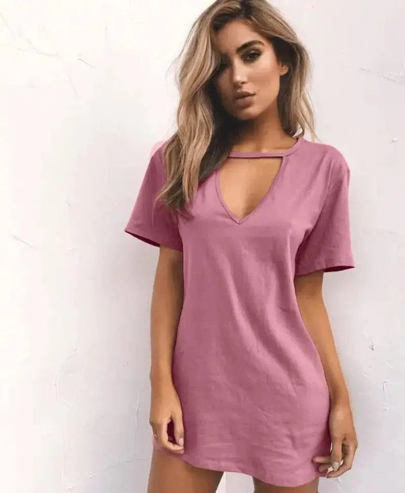 deep V short-sleeved T-shirt loose casual dress-Pink-20