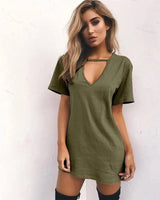 deep V short-sleeved T-shirt loose casual dress-MilitaryGreen-21